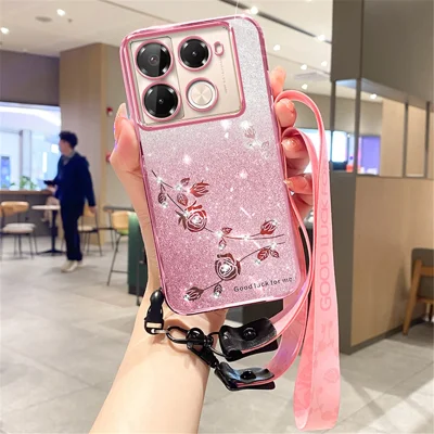 KADEM For Infinix Note 40 Pro 4G / 5G Flower Case TPU Glitter Phone Cover with Lanyard - Rose Gold
