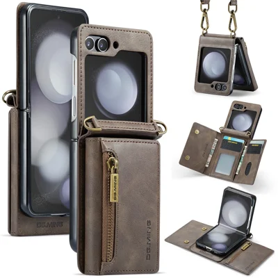DG.MING M5 Series for Samsung Galaxy Z Flip5 5G Case Kickstand Zipper Wallet Leather+PC Phone Cover - Coffee