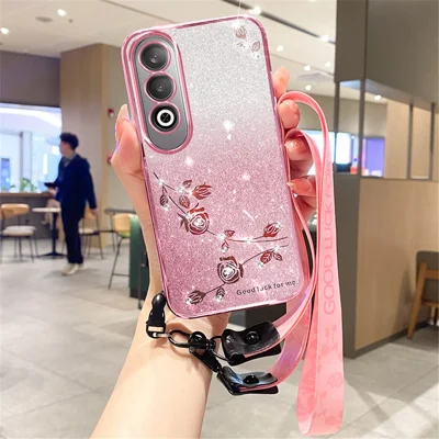 KADEM For OnePlus Nord CE4 5G TPU Case Flower Gradient Color Glitter Cover with Lanyard - Rose Gold