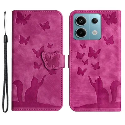 For Xiaomi Redmi Note 13 Pro 5G / Poco X6 5G Case Butterfly Cat Imprinted Leather Flip Phone Cover - Rose