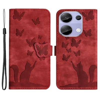 For Xiaomi Redmi Note 13 Pro 4G / Poco M6 Pro 4G Wallet Phone Case Butterfly Cat Imprint Leather Cover - Red