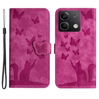 For Xiaomi Redmi Note 13 5G Wallet Case Butterfly Cat Imprint Leather Phone Cover - Rose
