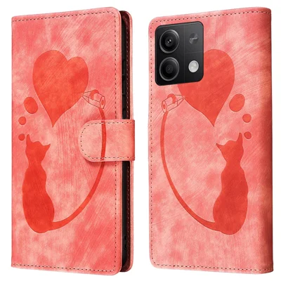 For Xiaomi Redmi Note 13 5G Case Love Heart Cat Imprinted Leather Phone Cover with Card Slots Stand - Pink