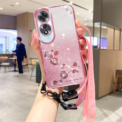 KADEM For Oppo A60 4G Case with Lanyard Flower Glitter Shockproof Soft TPU Phone Cover - Rose Gold