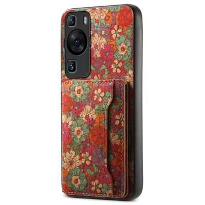 Fodral för Huawei P60 / P60 Pro PU-läder kortficka Blommande blomma bakre mobilhölje - Sommar / Röd