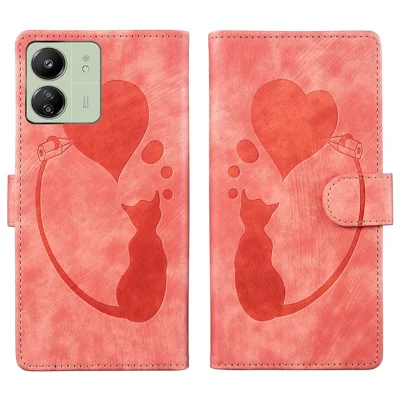 For Xiaomi Redmi 13C 4G / 5G / 13R 5G / Poco M6 5G / Poco C65 4G Case Cute Cat Imprint PU Leather Wallet Phone Cover - Pink