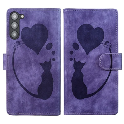 For Samsung Galaxy S23 Phone Case Cute Cat Imprint PU Leather Wallet Flip Cover - Purple