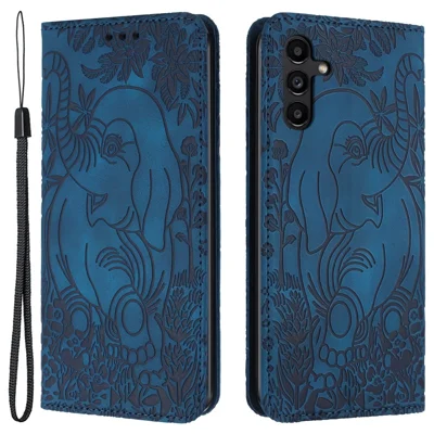 For Samsung Galaxy A54 5G Case Elephant Pattern Phone Leather Cover with Strap - Blue
