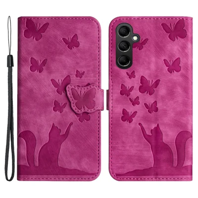 Samsung Galaxy A54 5G-hoes met handstrap met vlinder- en kattenprint in lederen telefoonhoes - Roze