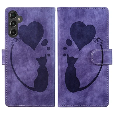 For Samsung Galaxy A14 5G / 4G Case Cat Heart Pattern PU Leather Flip Phone Cover - Purple