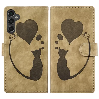 For Samsung Galaxy A55 5G Case Heart Cat Folding Stand PU Leather Phone Cover - Light Brown