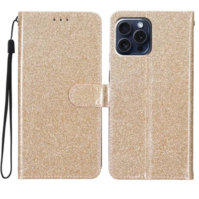 For iPhone 16 Pro Max Case Stand Wallet Glitter Leather Phone Cover - Gold