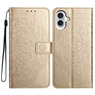 غطاء لهاتف iPhone 16 بتصميم زهرة الماندالا من جلد PU قابل للطي مع محفظة - ذهبي
