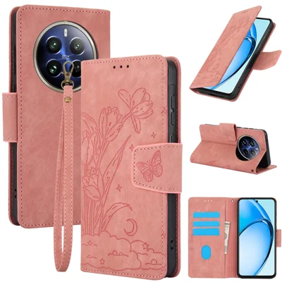 SY-001 För Realme 12 Pro 5G / 12 Pro+ 5G skal med handledsband, fjärils- och blommönstrad läderskyddsfodral med plånbok - Rosa