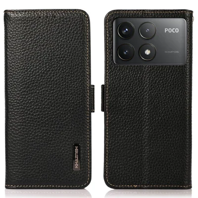 KHAZNEH For Xiaomi Poco F6 Pro 5G / Redmi K70 5G / K70 Pro 5G Case RFID Blocking Genuine Cow Leather Cover Lychee Pattern - Black