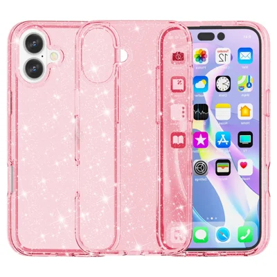 For iPhone 16 Plus Case Sparkly Glitter PC+TPU Phone Cover - Pink