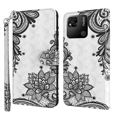 غطاء هاتف محفظة بتصميم عصري لهاتف Xiaomi Redmi 10A، غطاء قلاب مقاوم للصدمات من جلد PU بنمط ثلاثي الأبعاد مع مغناطيس وحزام - زهرة دانتيل