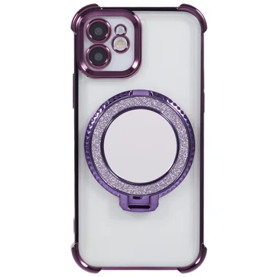 For iPhone 11 Anti-Scratch Phone Case TPU Glitter Phone Cover with Kickstand and Mirror - Dark Purple