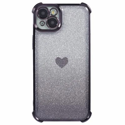 For iPhone 14 Drop Protection Phone Case Heart Pattern TPU Glittery Powder Phone Cover - Black
