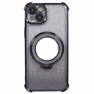 TPU Case voor iPhone 14 met Hartpatroon, Glitter, Steunbeentje en Ronde Spiegel - Zwart