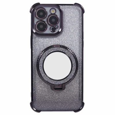 For iPhone 13 Pro Kickstand Case Heart Pattern Edge Glitter TPU Phone Cover with Mirror - Black