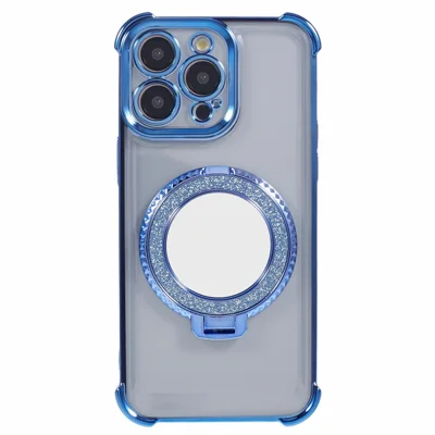 For iPhone 14 Pro Max Side Heart Pattern Case Kickstand TPU Phone Cover with Mirror - Blue