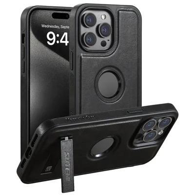 SUTENI G2 voor iPhone 15 Pro Max Magnetisch Hoesje met Waxy-structuur Lederen + TPU Telefoonhoes - Zwart