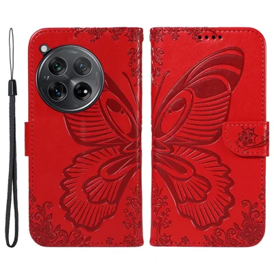 For OnePlus 12 5G Case Butterfly Imprint Leather Wallet Phone Cover with Strap - Red