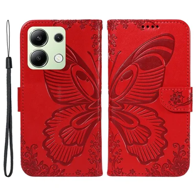 For Xiaomi Redmi Note 13 4G Imprinted Butterfly Pattern   Phone Case PU Leather Flip Phone Cover - Red
