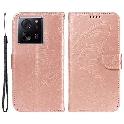 For Xiaomi 13T Pro / 13T / Redmi K60 Ultra Phone Case Butterfly Pattern PU Leather Flip Phone Cover - Rose Gold