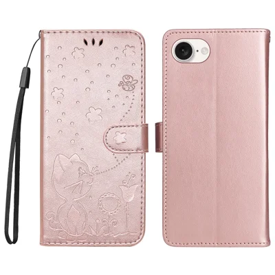 For iPhone 16e Leren Hoesje met Kat en Bij Motief Telefoonhoes Portemonnee Stand met Strap - Roségoud