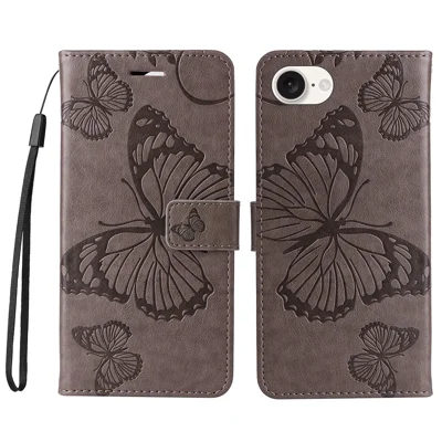 For iPhone 17e / 16e Wallet Case Floral Butterfly Imprinted Leather Phone Cover Stand - Grey