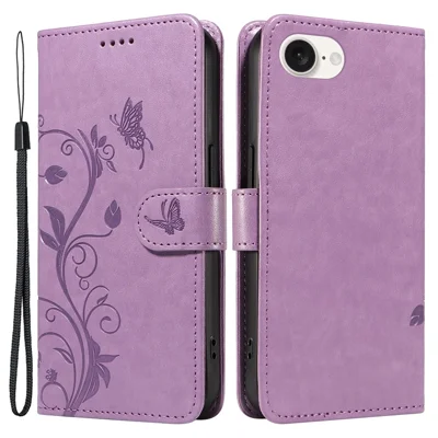 Voor iPhone 16e PU Leren Hoesjes met Bloemenpatroon Portemonnee Stand Telefoonhoes met Bandje - Lichtpaars