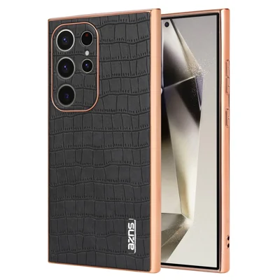AZNS For Samsung Galaxy S22 Ultra 5G Case Crocodile Pattern Electroplated Leather+TPU Phone Case - Black