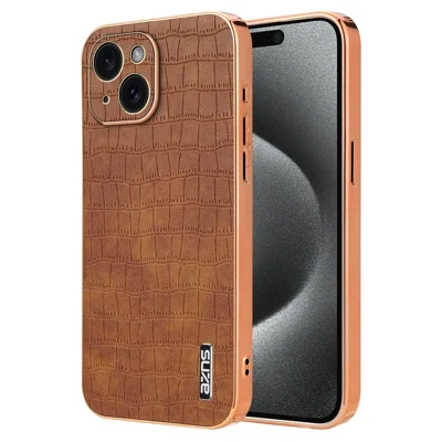 AZNS For iPhone 15 Case Crocodile Texture Drop-Proof Leather Coated TPU Phone Cover - Brown
