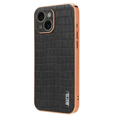 AZNS For iPhone 14 Plus Case Crocodile Texture PU+TPU Shockproof Phone Cover - Black