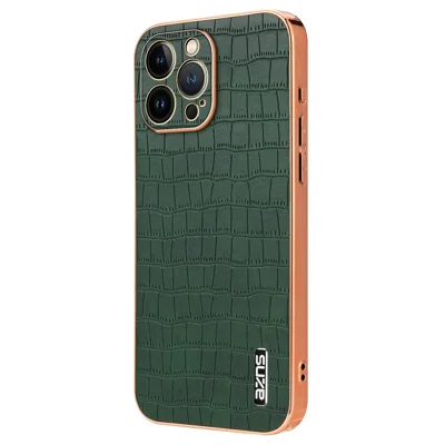 AZNS For iPhone 14 Pro Max Case Crocodile Texture Leather+TPU Anti-Scratch Phone Cover - Green