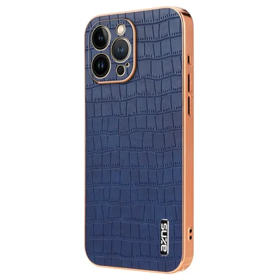 AZNS For iPhone 12 Pro Max Case Crocodile Texture Electroplating Leather Coated TPU Phone Cover - Blue