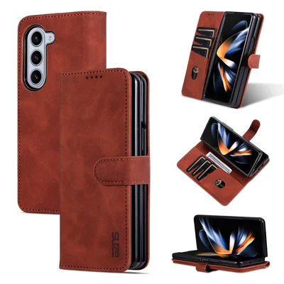 AZNS For Samsung Galaxy Z Fold6 5G Case PC Interior PU Leather Phone Cover Wallet - Brown