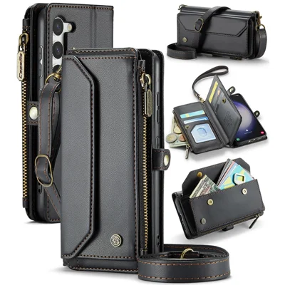 For Samsung Galaxy S23 Leather Case CASEME C36 Zipper Multiple Card Slots Phone Cover with Straps - Black