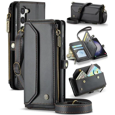 For Samsung Galaxy S23+ Leather Case CASEME C36 Zipper Multiple Card Slots Phone Cover with Straps - Black