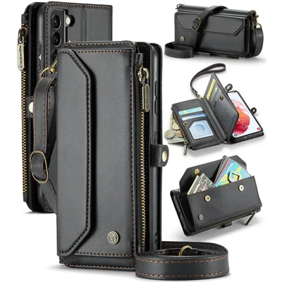 For Samsung Galaxy S21 5G / 4G Leather Case CASEME C36 Zipper Multiple Card Slots Phone Cover with Straps - Black