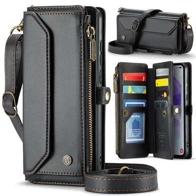 For Samsung Galaxy A55 5G Leather Case CASEME C36 Zipper Multiple Card Slots Phone Cover with Straps - Black