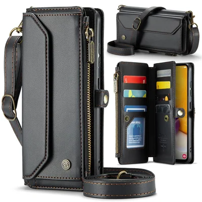 For Samsung Galaxy A72 4G Leather Case CASEME C36 Zipper Multiple Card Slots Phone Cover with Straps - Black