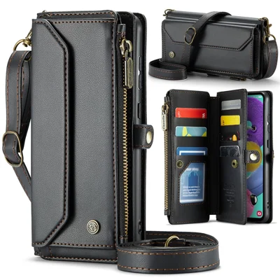 For Samsung Galaxy A51 4G SM-A515 Leather Case CASEME C36 Zipper Multiple Card Slots Phone Cover with Straps - Black