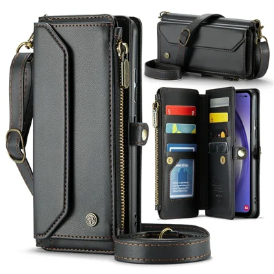 For Samsung Galaxy A54 5G Leather Case CASEME C36 Zipper Multiple Card Slots Phone Cover with Straps - Black