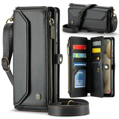 For Samsung Galaxy A12 Leather Case CASEME C36 Zipper Multiple Card Slots Phone Cover with Straps - Black