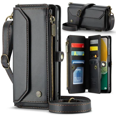 For Samsung Galaxy A13 5G Leather Case CASEME C36 Zipper Multiple Card Slots Phone Cover with Straps - Black