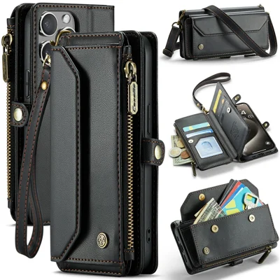 For iPhone 15 Pro Leather Case CASEME C36 Zipper Multiple Card Slots Phone Cover with Straps - Black