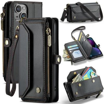 For iPhone 13 Leather Case CASEME C36 Zipper Multiple Card Slots Phone Cover with Straps - Black
